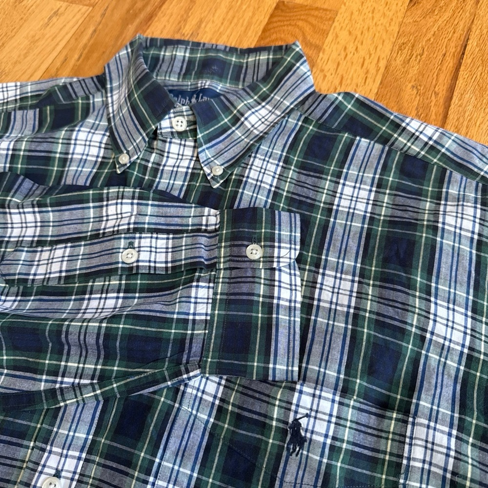 Ralph Lauren Long Sleeve Button Down Oxford Plaid Shirt Men’s Blue Green Check L